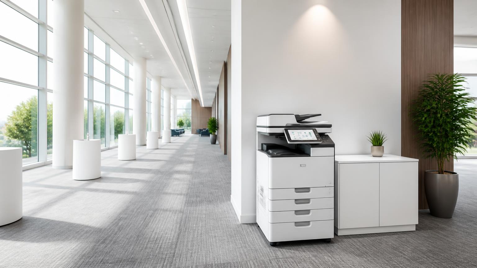 Modern copier ready for use in a bright convention center with white and gray decor