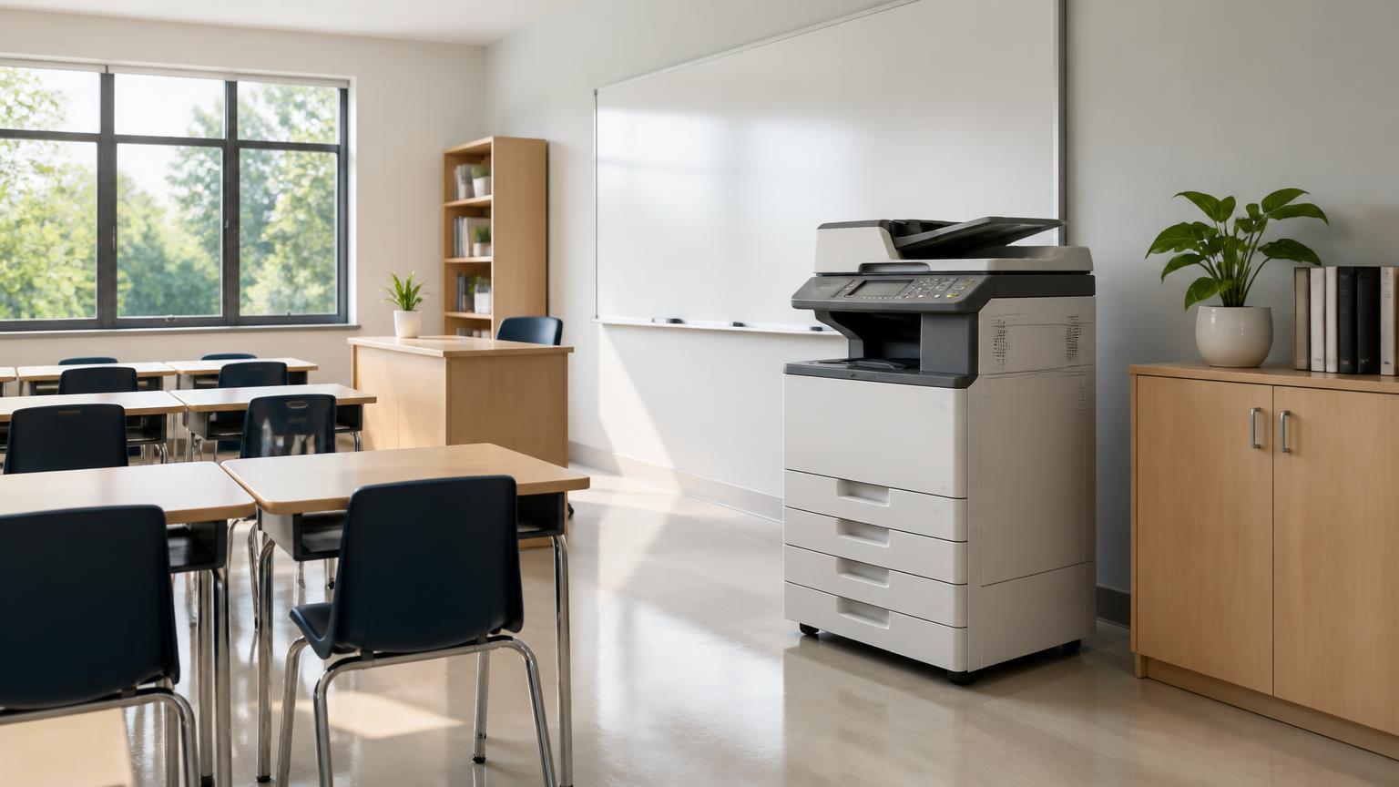 Modern copier in a bright, organized classroom ready for educational use