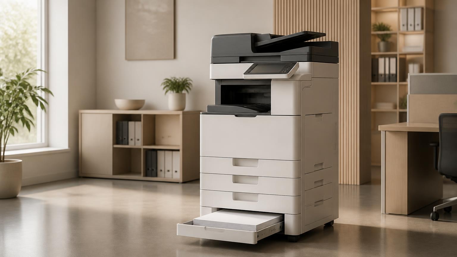 Modern commercial copier in a clean, well-lit production office, ready for filming equipment rental