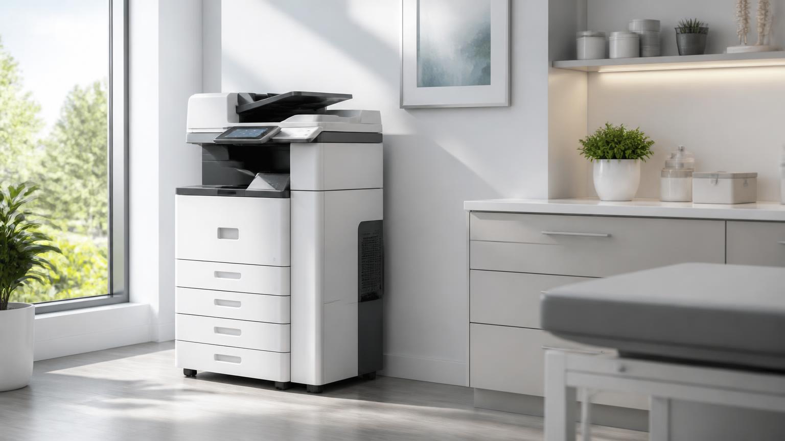 digital copier in modern medical office with natural light and clean surfaces