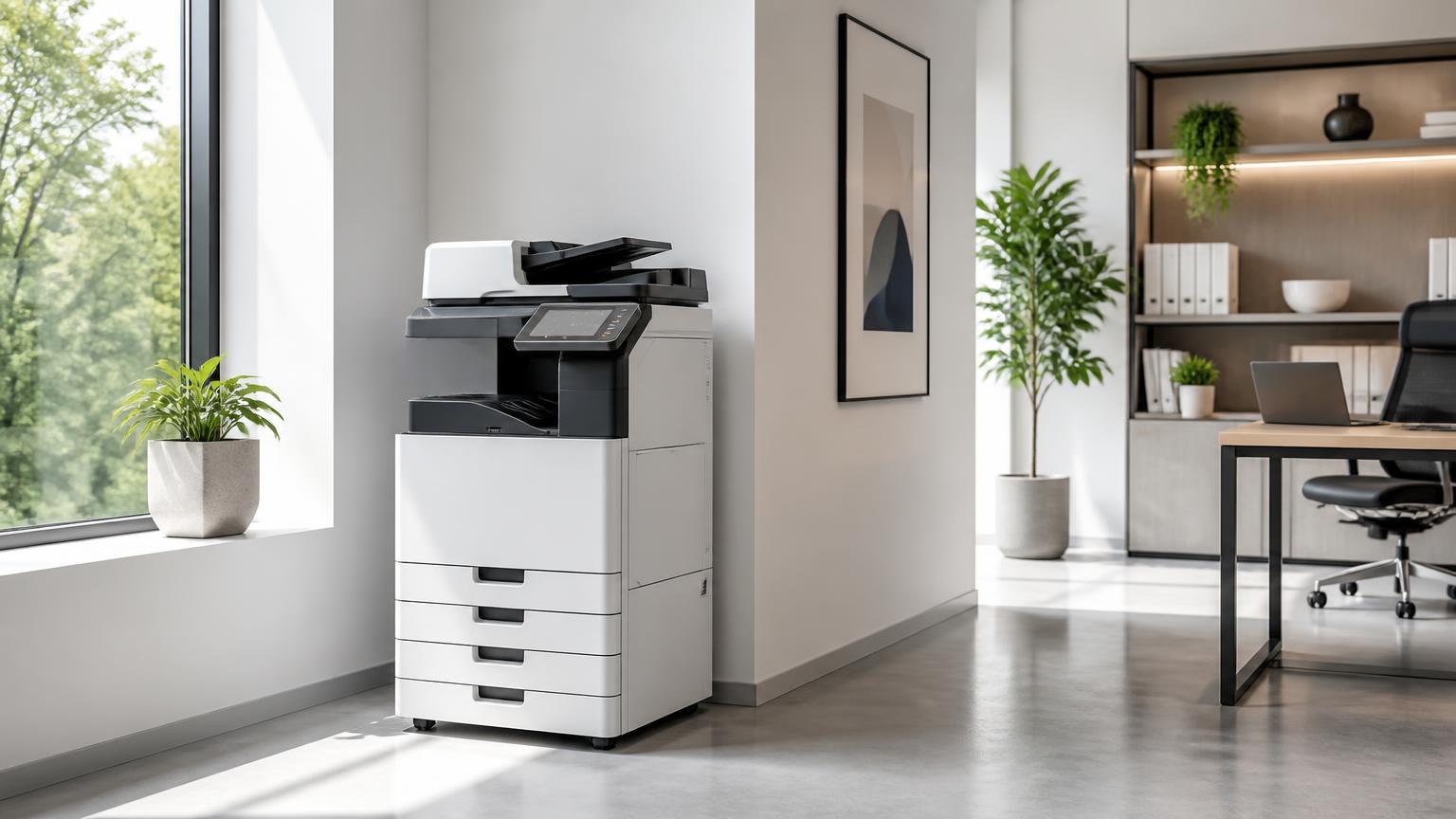 modern multifunction copier in political campaign office with clean workspace and natural lighting